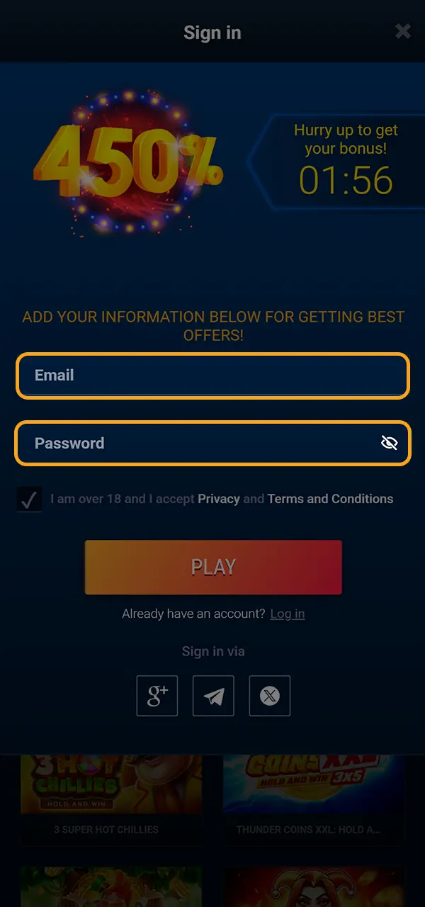 Create an account in the WG Casino app.