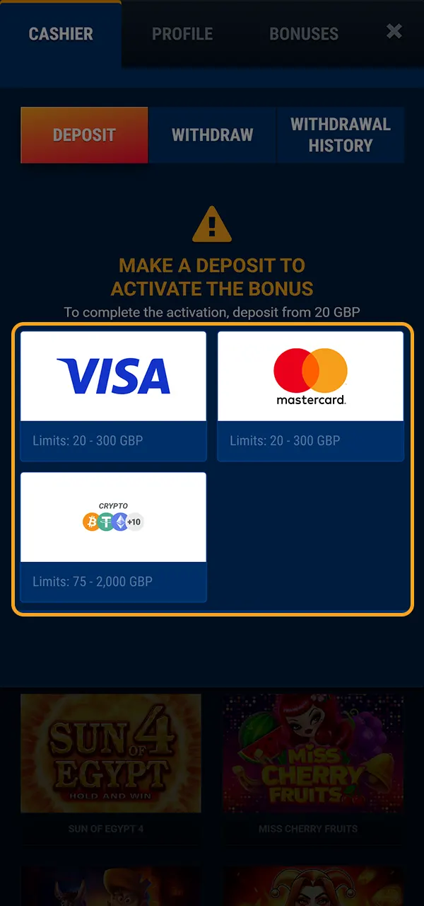 Select a convenient payment method at WG Casino.