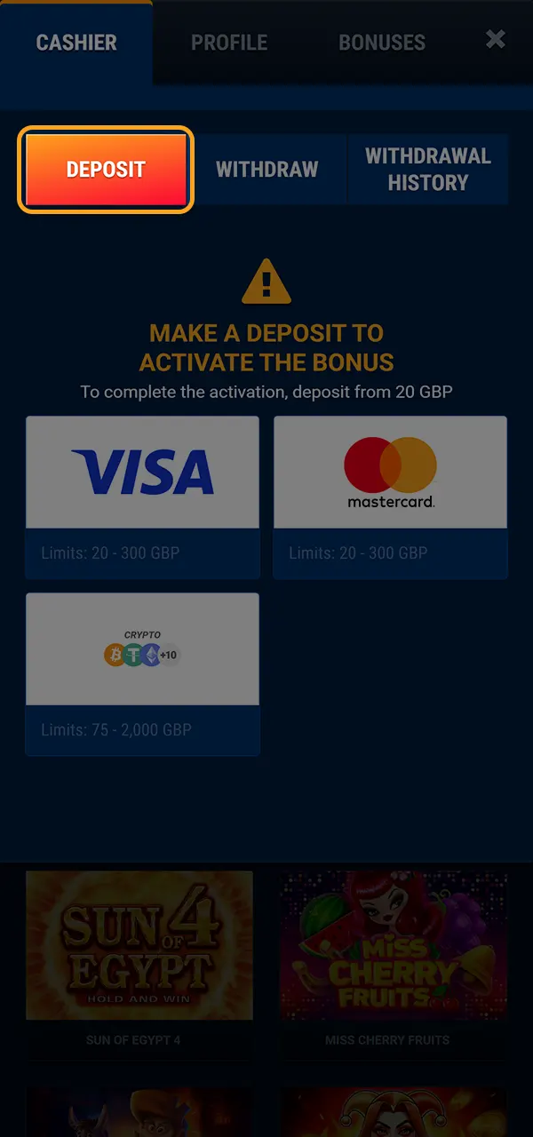 Go to the WG Casino account replenishment section.