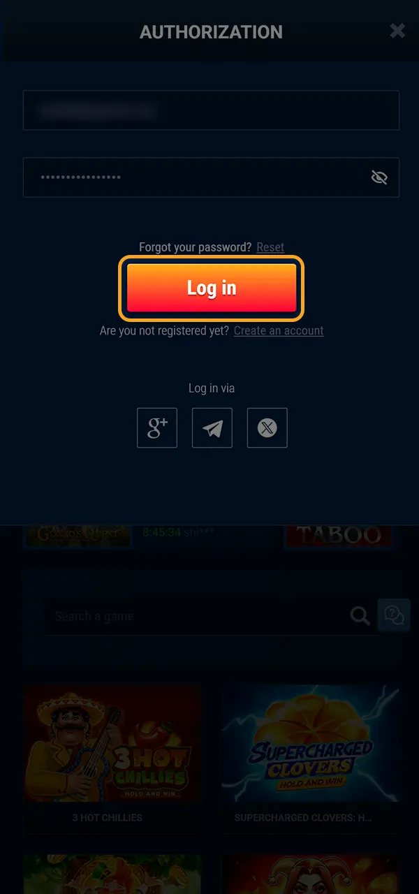 Log in to your WG Casino account.
