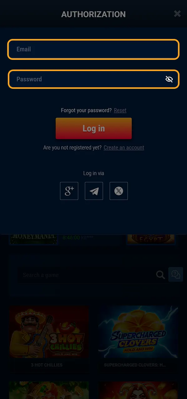 Enter your WG Casino account details.