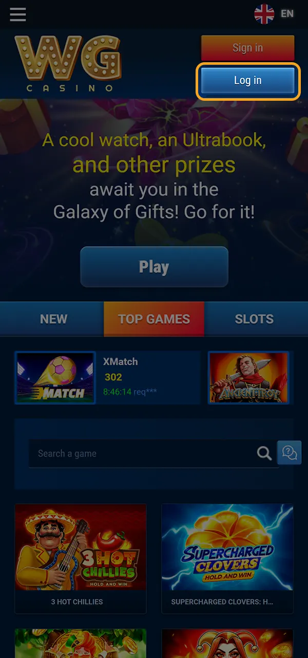 Open the login form to access WG Casino.