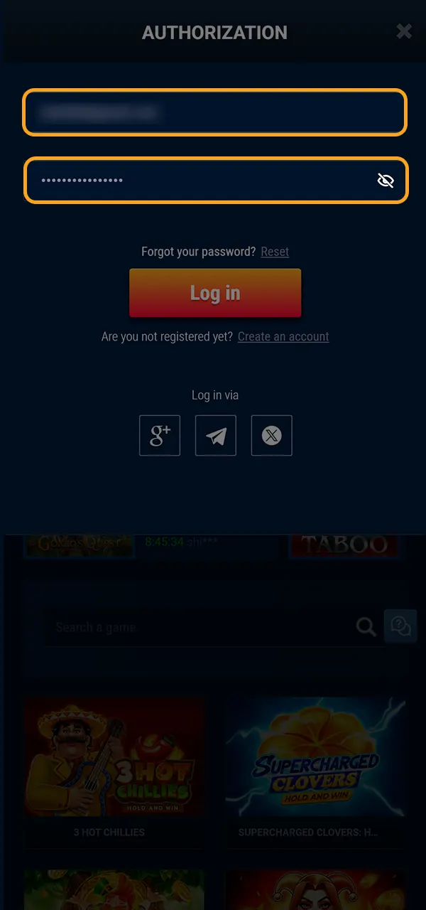 Check the details you entered to log in to WG Casino.